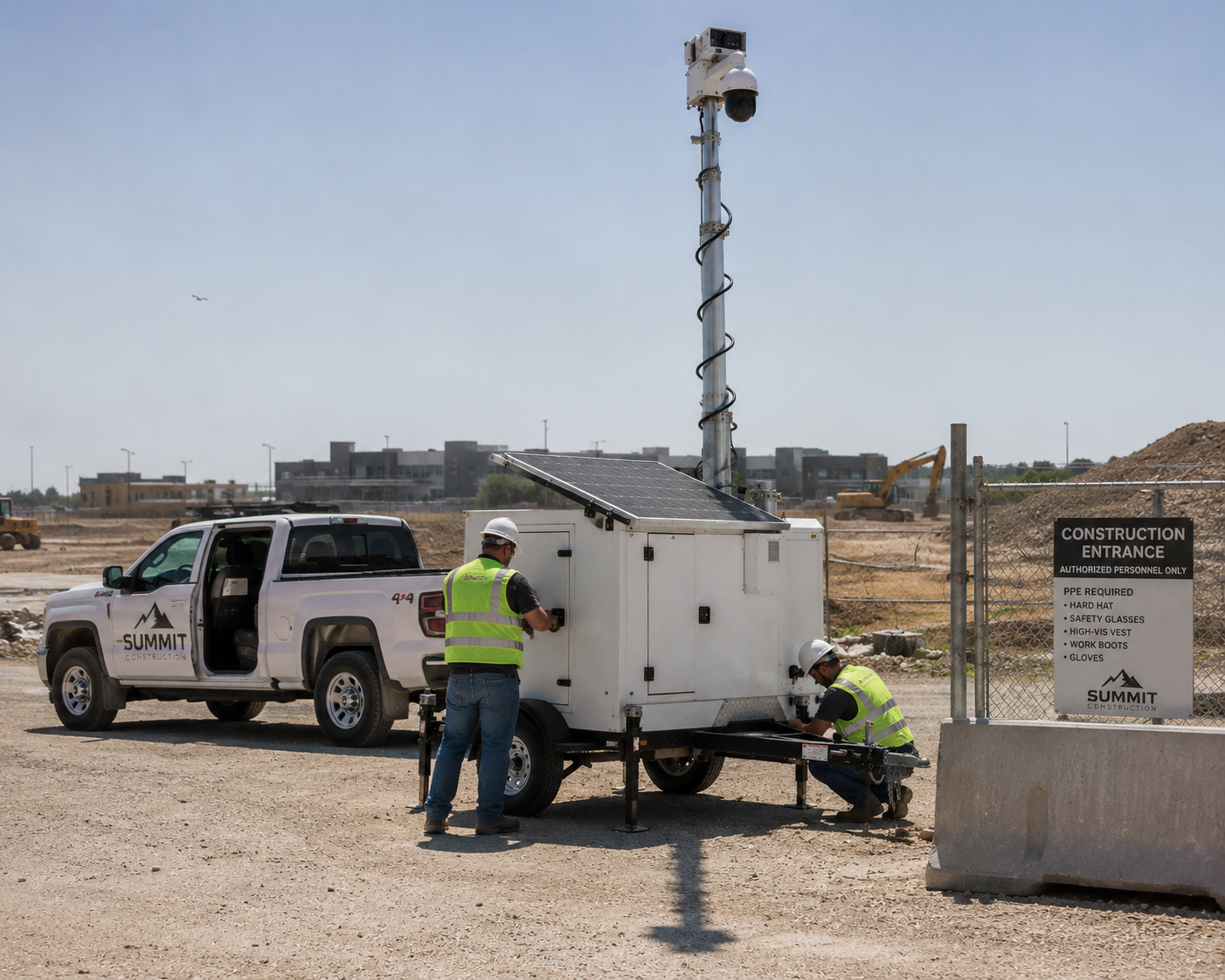 TEX Security crew deploying a security trailer at a construction site entrance